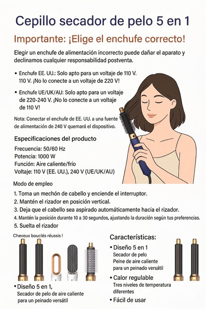 Kit de Estilizado Profesional 5 en 1: Moldeador, Voluminizador y Secador de Pelo
