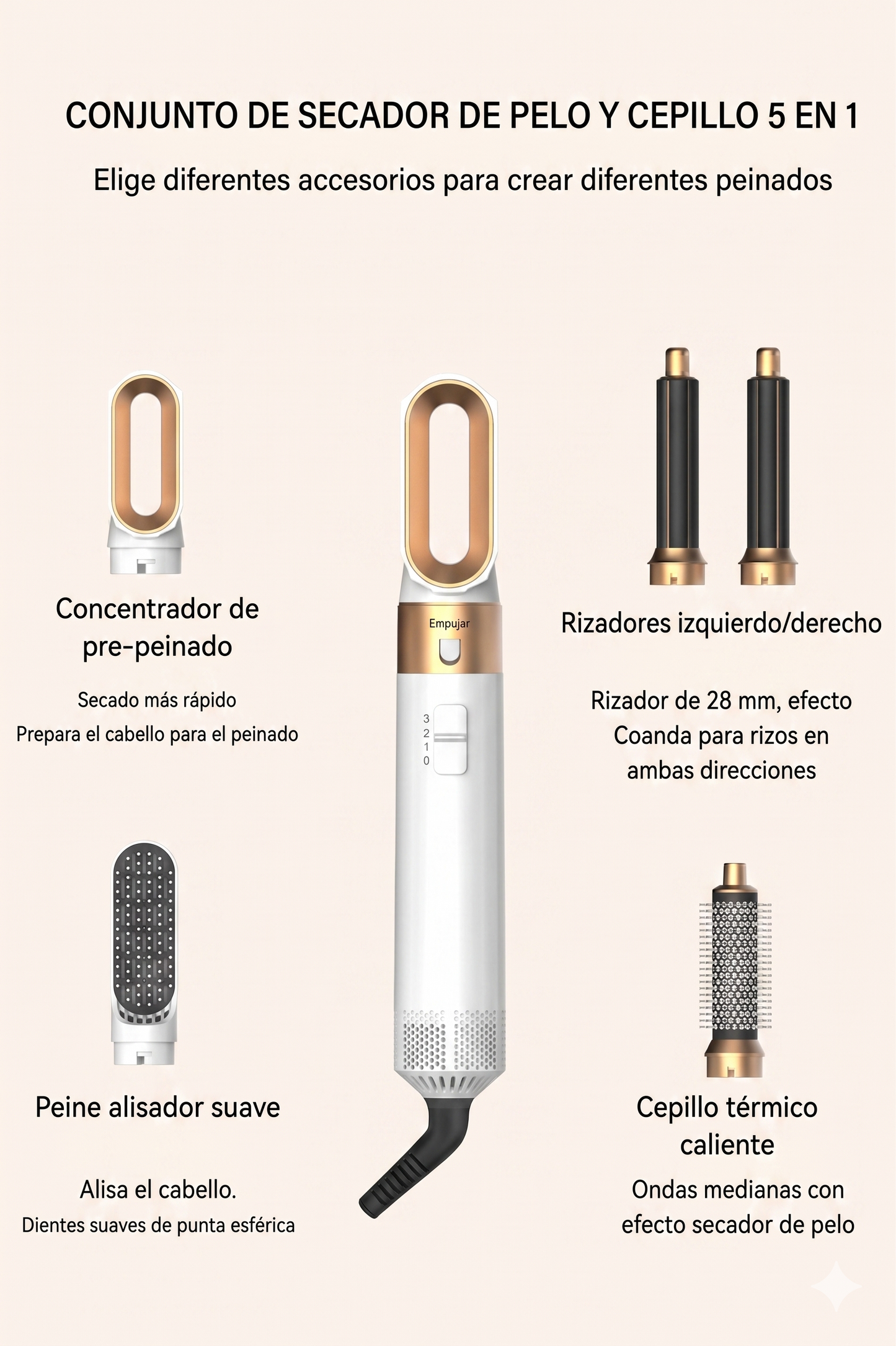 Kit de Estilizado Profesional 5 en 1: Moldeador, Voluminizador y Secador de Pelo