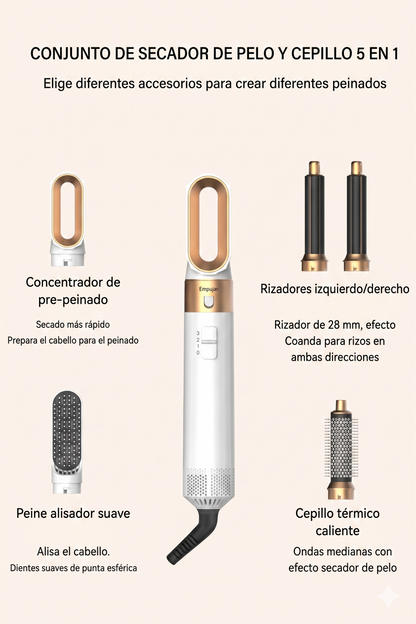 Kit de Estilizado Profesional 5 en 1: Moldeador, Voluminizador y Secador de Pelo