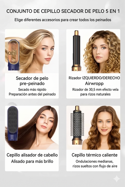 Kit de Estilizado Profesional 5 en 1: Moldeador, Voluminizador y Secador de Pelo